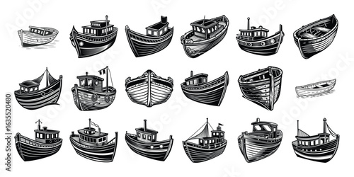 Vintage Boat Collection A collection of seven black and white outlined illustrations of various modern yachts and motorboats, each showcasing unique designs of luxury watercraft.
