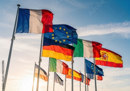 Diverse european flags waving against a clear blue sky at sunny summer day