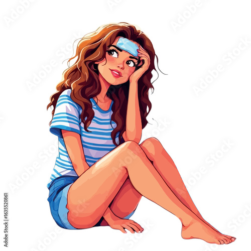 Vsai young woman applying cold compress to forehead while sitting