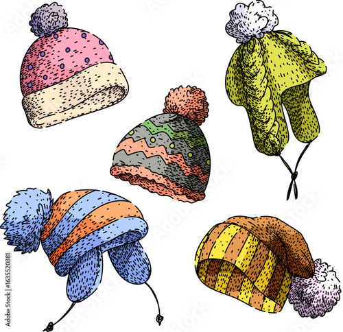 winter hat set sketch hand drawn vector
