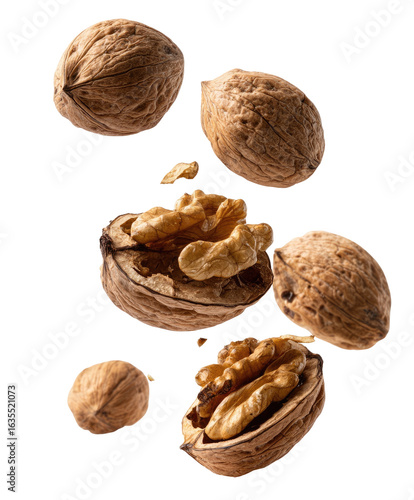 Walnuts in mid-air, some cracked open, showcasing the inner nut