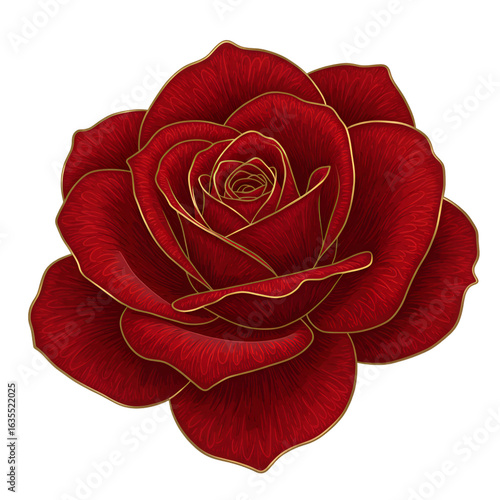 Isolated Illustration Of Red Rose With Gold Trim On Transparent Background
