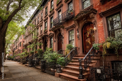 Brownstone Home. Historic Brick Buildings on Iconic Manhattan Street in New York City