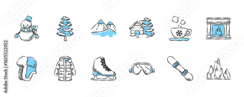 Winter season hand drawn icon collection. Set 2 of 3. Vector illustration.