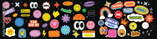 Colorful Trendy Retro Sticker Pack – 90s-Inspired Fun Icons and Phrases. Catchphrase sign, Groovy text slogan. Geometric element. Brutalism aesthetic. Flat vector illustration.