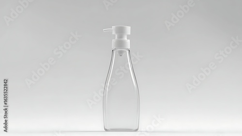 Studio shot of hand sanitizer bottle featuring plain design and functional pump head, captured with 50mm lens, focus on transparent plastic and subtle reflections on white background