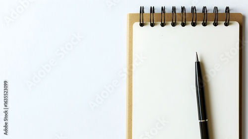 Spiral notebook with pen placed on top of page on white background taken with zoom lens at 85mm, focus on pen alignment and spiral binding details, clean bright studio lighting