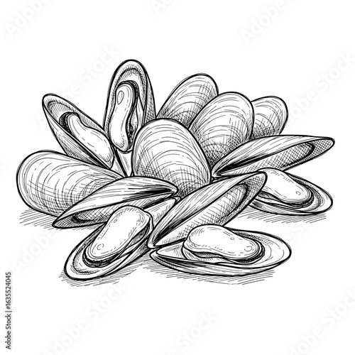 Hand-drawn illustration of mussels and clams on white background  