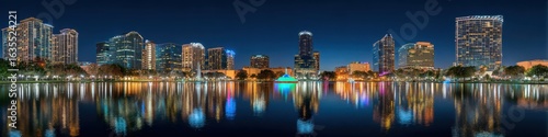 Central Florida: Downtown Orlando Skyline by Night on River with Stunning Architecture