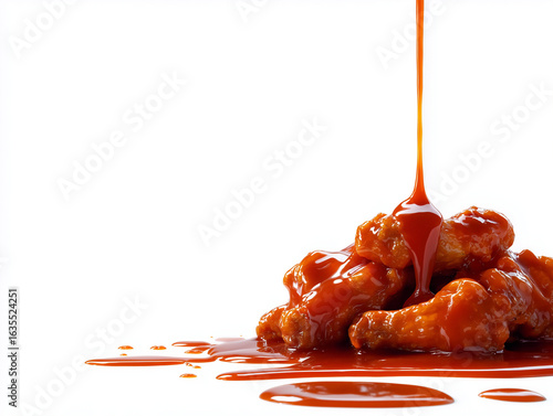 Stylized photo of a buffalo wings platter, cinematic, sauce dripping, clean white background, full HD
