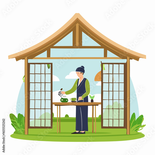 a vector scene of a Japanese tea master preparing matcha in a serene tea house with sliding doors
