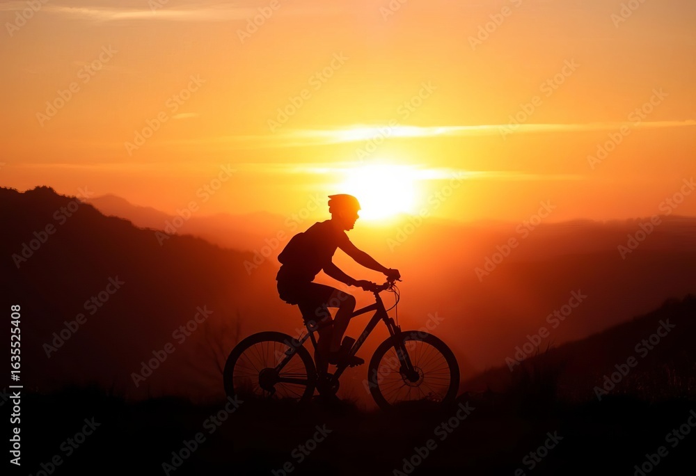 Obraz premium Silhouette of cyclist biking at sunset, mountain backdrop, exercise, path