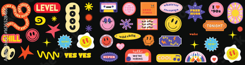 Colorful Trendy Retro Sticker Pack – 90s-Inspired Fun Icons and Phrases. Catchphrase sign, Groovy text slogan. Geometric element. Brutalism aesthetic. Flat vector illustration.