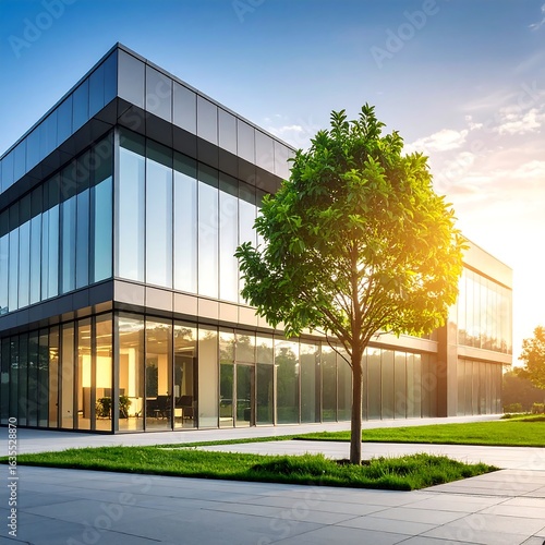 Modern glass office building, tree, landscaped grounds, sunset