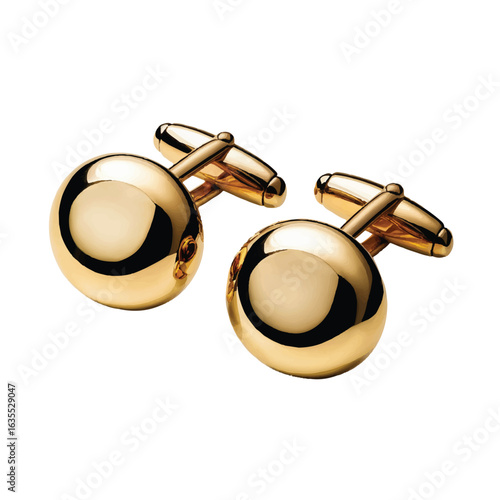 Pair of round gold polished cufflinks on a white background jewelry accessory