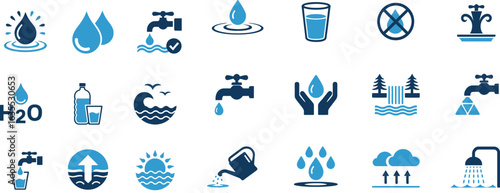 Blue two-tone icon set illustrating water resources, consumption, conservation, and the natural water cycle.