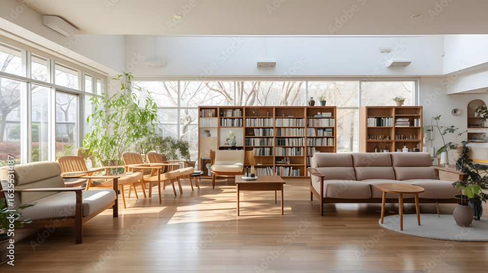 Fototapeta premium Spacious and Bright Interior of a Modern Bakery or Cafe with Wooden Decor