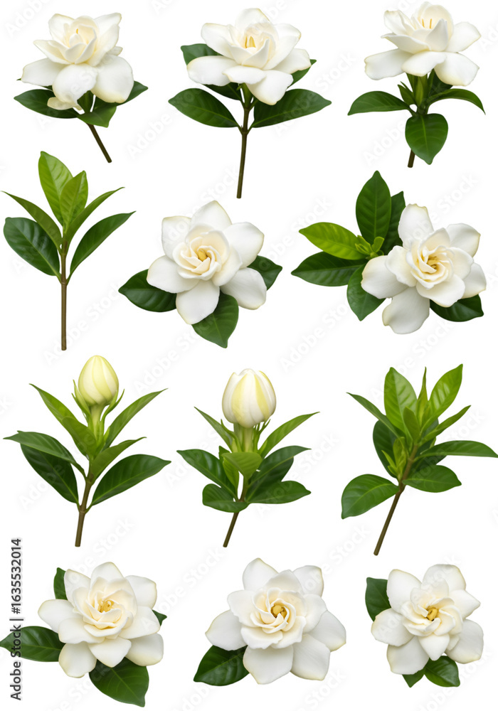 Fototapeta premium Isolated White Gardenia Blossoms with Green Leaves on Transparent Background