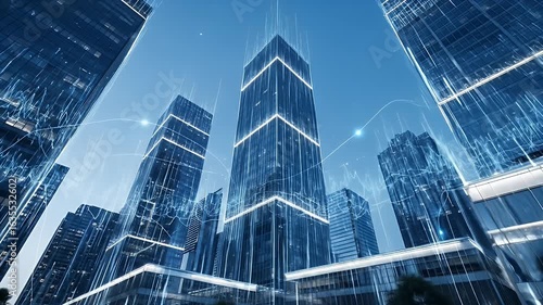 Modern skyscrapers with glowing blue digital network overlays