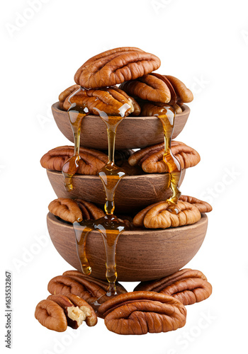 Isolated Photo of Pecan Nuts Dripping with Honey on Bowls Transparent Background
