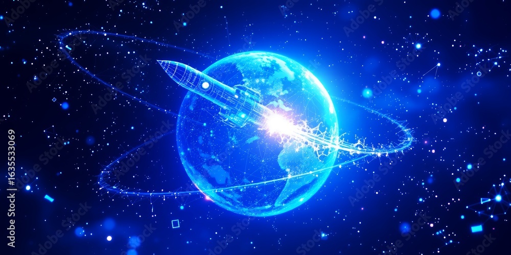 Obraz premium A futuristic rocket launched from a glowing Earth through a digital galaxy