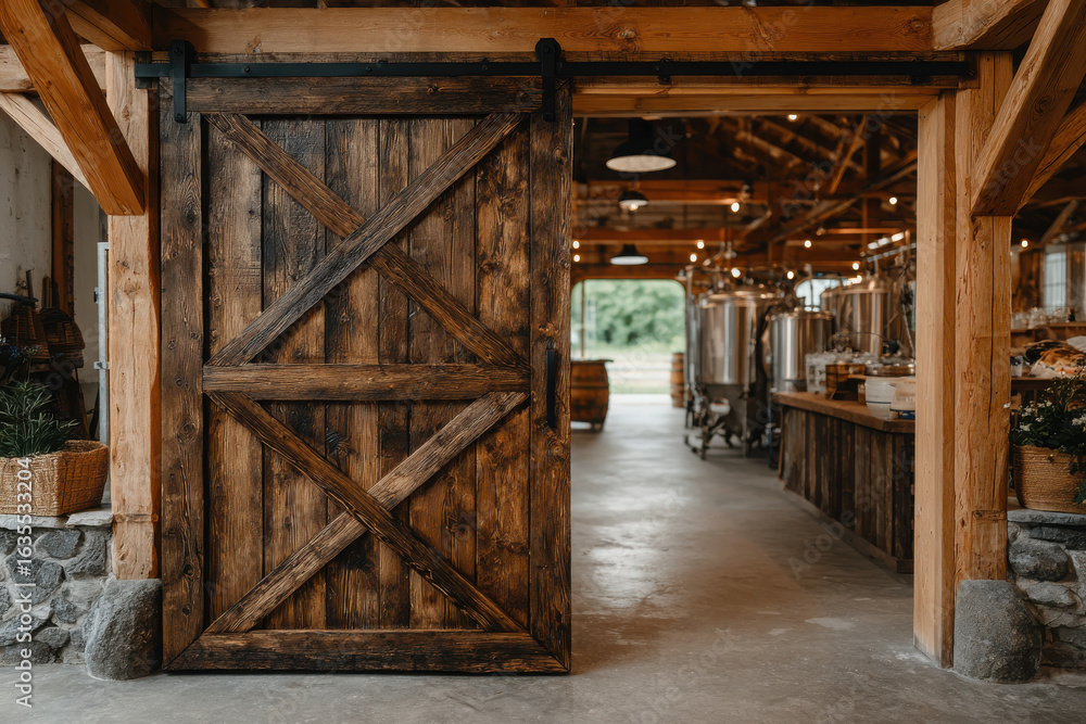 Rustic barn door reveals dairy equipment in peaceful setting Rustic barn door reveals dairy equipment in peaceful setting