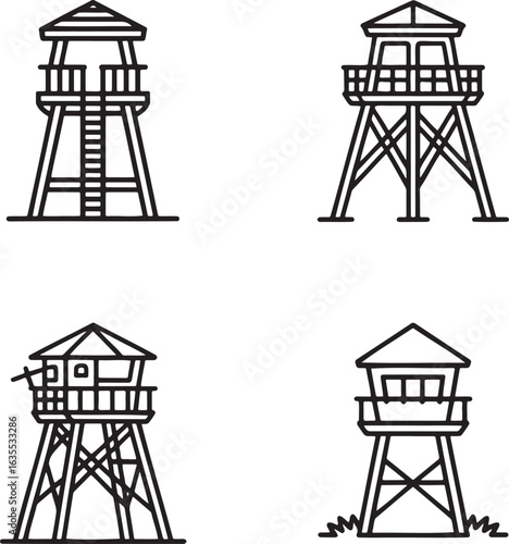 Set of Watchtower Outline vector illustration isolated On Transparent Background