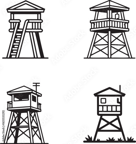 Set of Watchtower Outline vector illustration isolated On Transparent Background