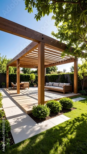 Modern wooden pergola in a sunny garden setting, featuring a raised patio area with seating and lush greenery