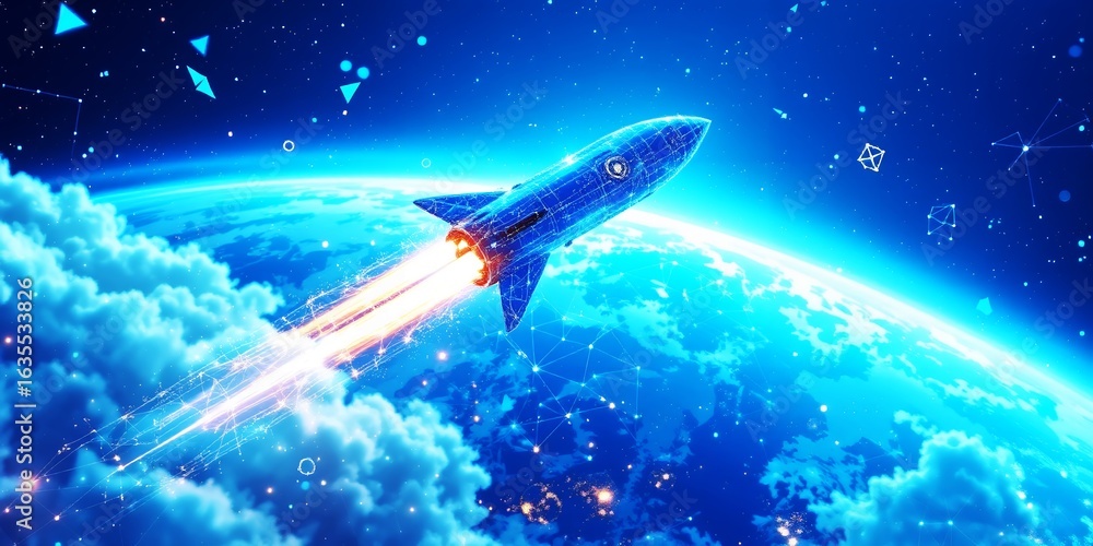 Fototapeta premium Blue spaceship ascends through clouds and starry sky above planet Earth