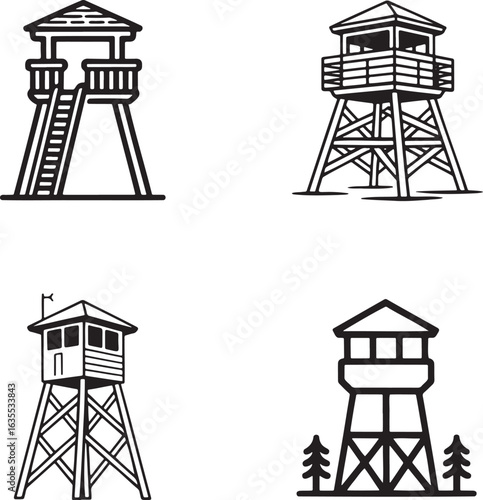 Set of Watchtower Outline vector illustration isolated On Transparent Background