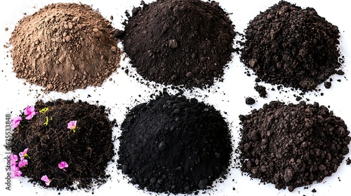 Mixed soil types arranged in horizontal layers on white background captured with macro zoom 135mm, each distinct soil layer showing contrast in color and texture