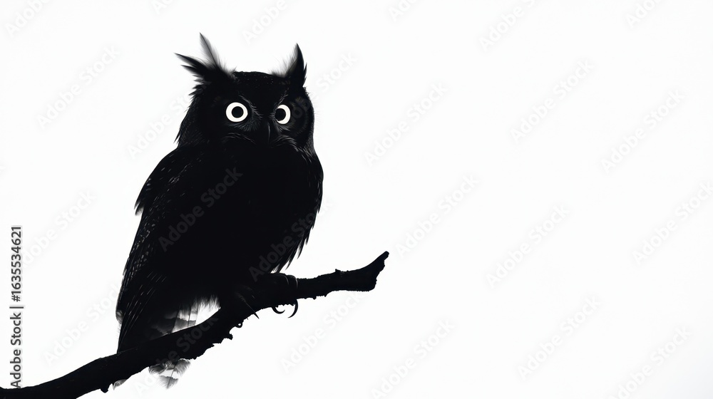 Fototapeta premium Stunning silhouette of an owl perched on a branch with piercing eyes against white backdrop