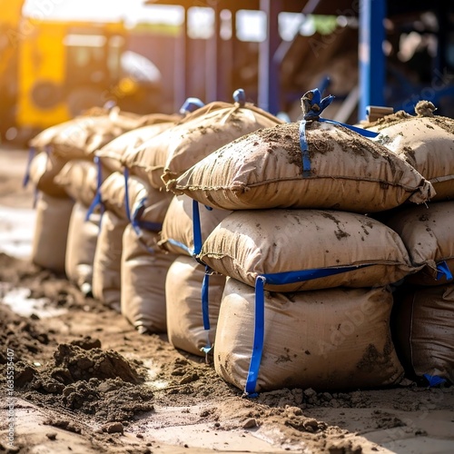 Mud-caked sandbags stacked outdoors, secured with blue straps, near earth-moving equipment