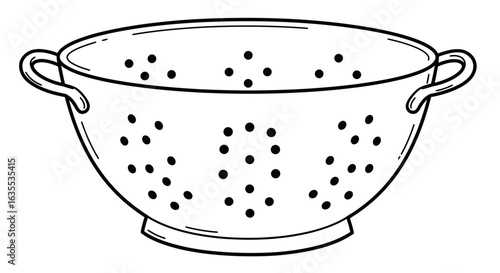 A black and white line drawing of a colander with small circular holes and two handles