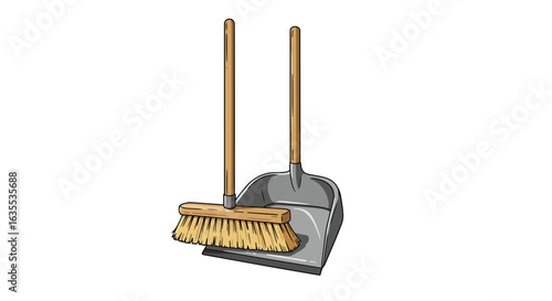 A broom rests on a metal dustpan both with wooden handles set against a white backdrop