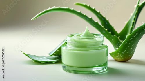 video of Green aloe vera gel cream in a jar placed next to a sliced aloe vera leaf.