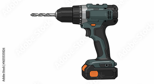 A cordless power drill is depicted against a white background