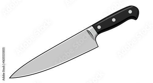 A chefs knife with a grey blade and black handle angled diagonally