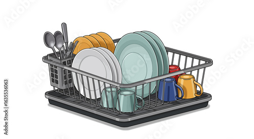 A dish rack holds plates mugs  silverware filled with various kitchen items