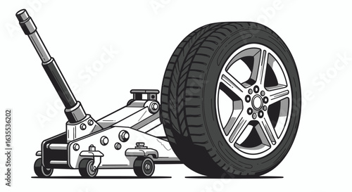 A floor jack stands next to a car tire both depicted in a monochrome cartoonlike style against a white backdrop