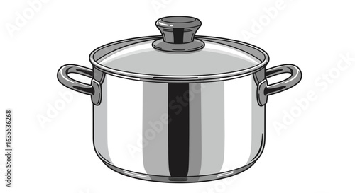 A gray and white pot with a lid Handles on the sides