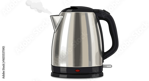 A metal kettle with steam coming out of the spout with a black handle base lid and switch on a white background