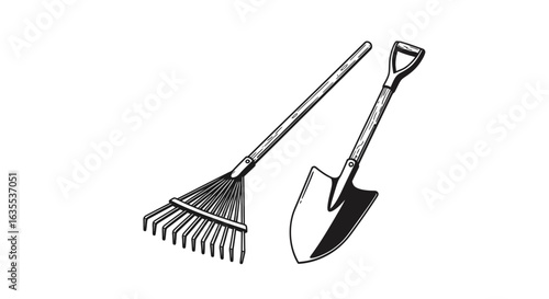A rake and a shovel are placed next to each other on a white background
