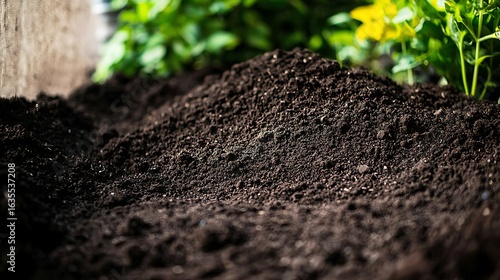 Loose soil spread in natural pattern on white background captured with zoom lens 135mm, focus on granular texture, irregular shapes, and warm earthy tones