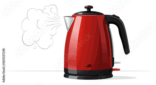 A red electric kettle steaming sits on a surface