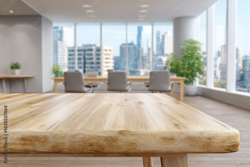 Naklejka premium Empty wooden table in a modern office with large windows and city view