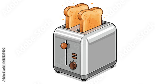 A silver toaster features two slices of toast