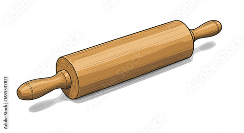 A wooden rolling pin is depicted laying horizontally with handles on each side and a shadow beneath