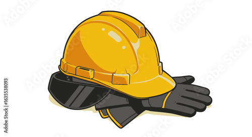 A yellow hard hat atop dark gloves and goggles is centered on a white background